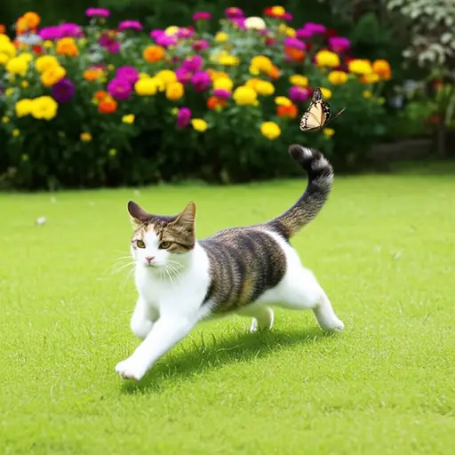 那只猫正在花园里追逐一只蝴蝶。