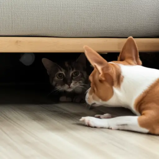 小猫藏在沙发底下躲避狗狗。