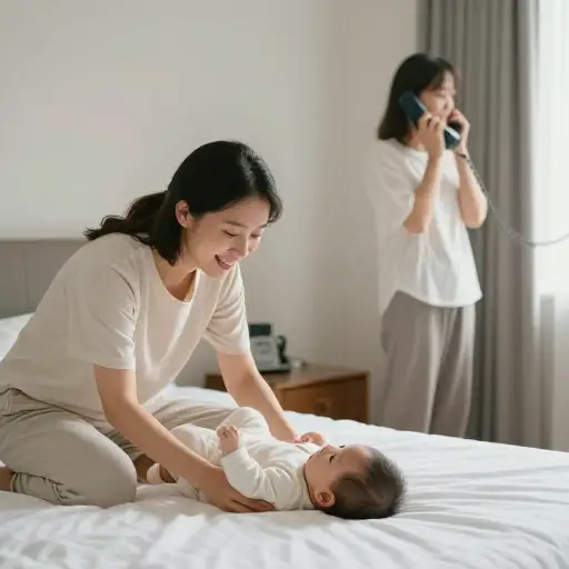 她把婴儿放在床上，然后去接电话。