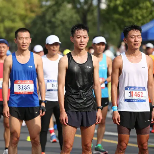 马拉松结束时，选手们浑身被汗水浸透。