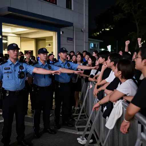 安保人员努力拦住等在音乐会场地外急切的人群。