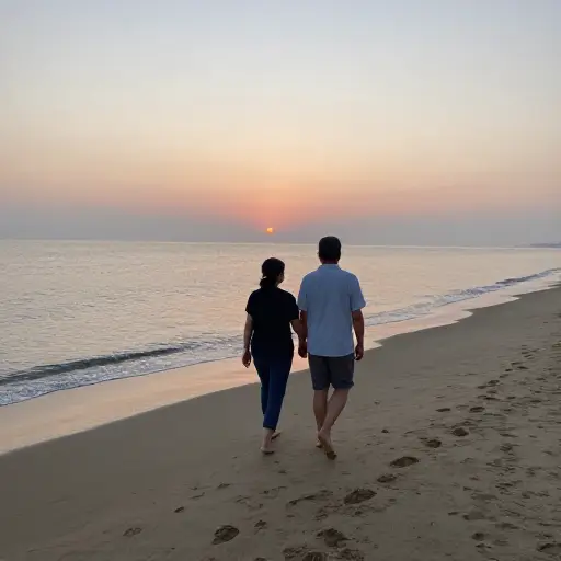 那对夫妇手挽手沿着海滩漫步。