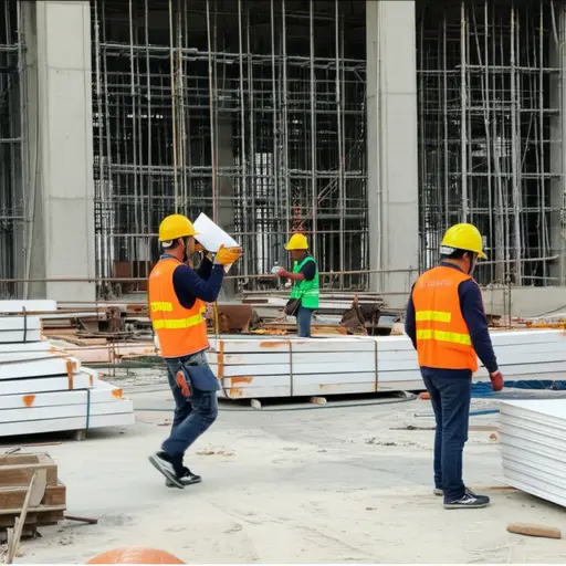 这些建筑工人正在工地上建造一座新商场。