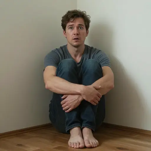 他像受惊的孩子一样坐在角落里。