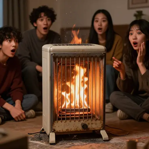 当我们打开旧取暖器时，它突然着火了。