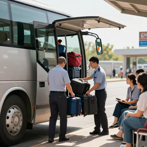 乘客们的行李被仔细地放进了大巴的储物仓。