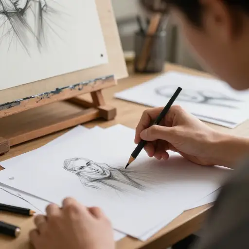 艺术家磨尖了炭笔，以便在素描中创作精细的细节。