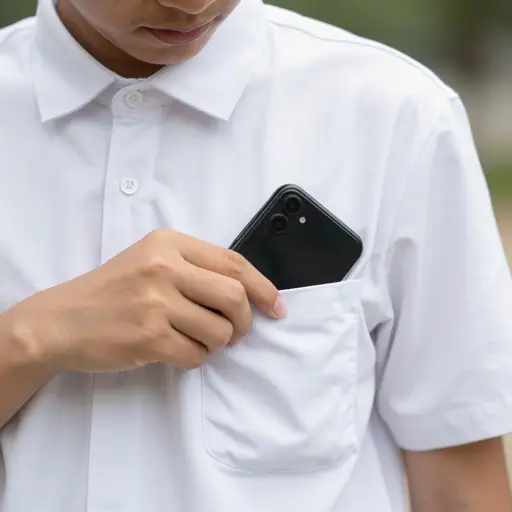 我把手机放进了口袋。