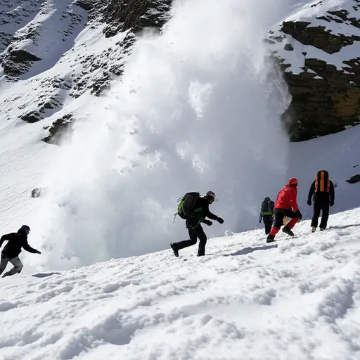 登山者们在听到雪崩的巨响后迅速寻找掩护。