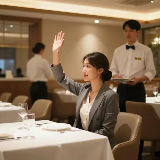 那位女士挥手试图引起服务员的注意。