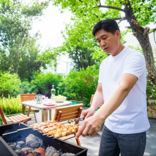 我爸爸喜欢在周末烧烤鸡肉。