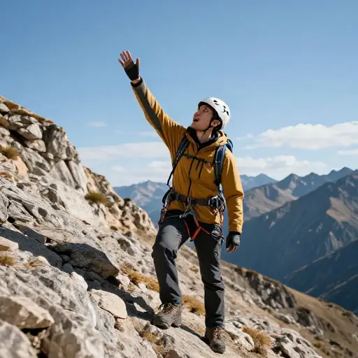 被困的登山者拼命地向一架经过的直升机挥手呼叫。