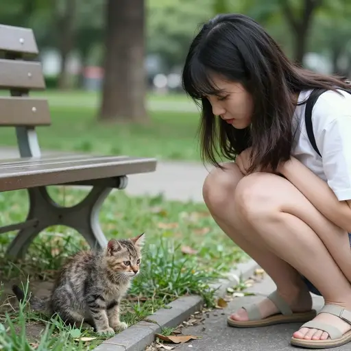 她在公园里发现了一只可怜的流浪动物。