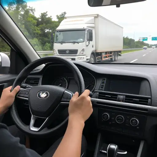 他换到三档以超越那辆慢卡车。