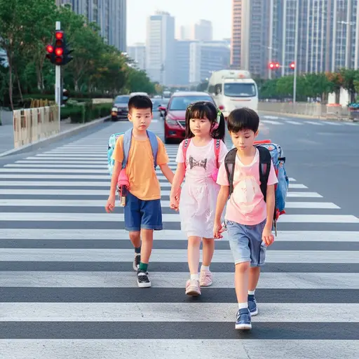 孩子们手牵手小心地过了马路。