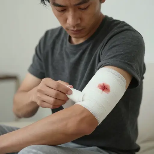 他用一条布带来包扎伤口。