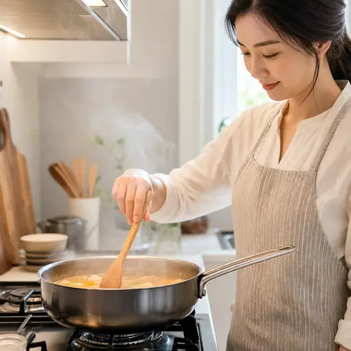 她在深锅里搅拌汤。