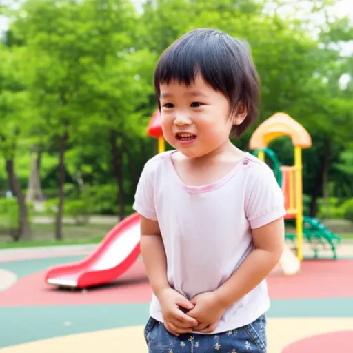 孩子在公园里玩得太开心，忍不住要上厕所。