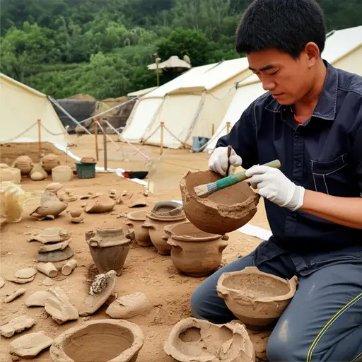 考古学家小心翼翼地清理泥土，让埋藏千年的文物显露出来。