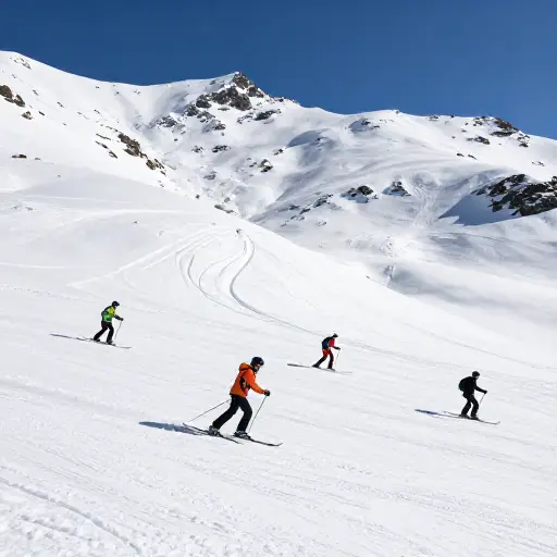 白天，我们去斜坡滑雪。
