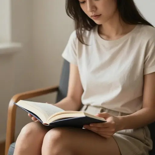 她看书时把书放在腿上。