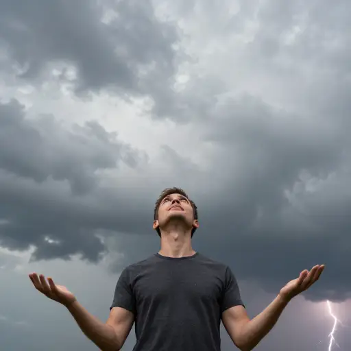他满怀希望地看着天空，希望下雨。