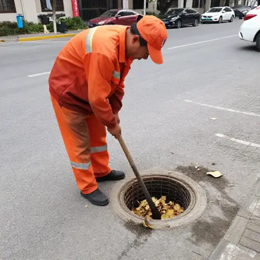 市政工人正在清理堵塞下水道的落叶。
