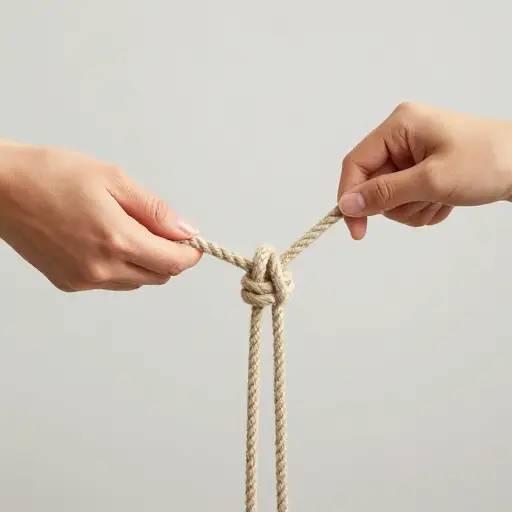 她把两段绳子系在一起。