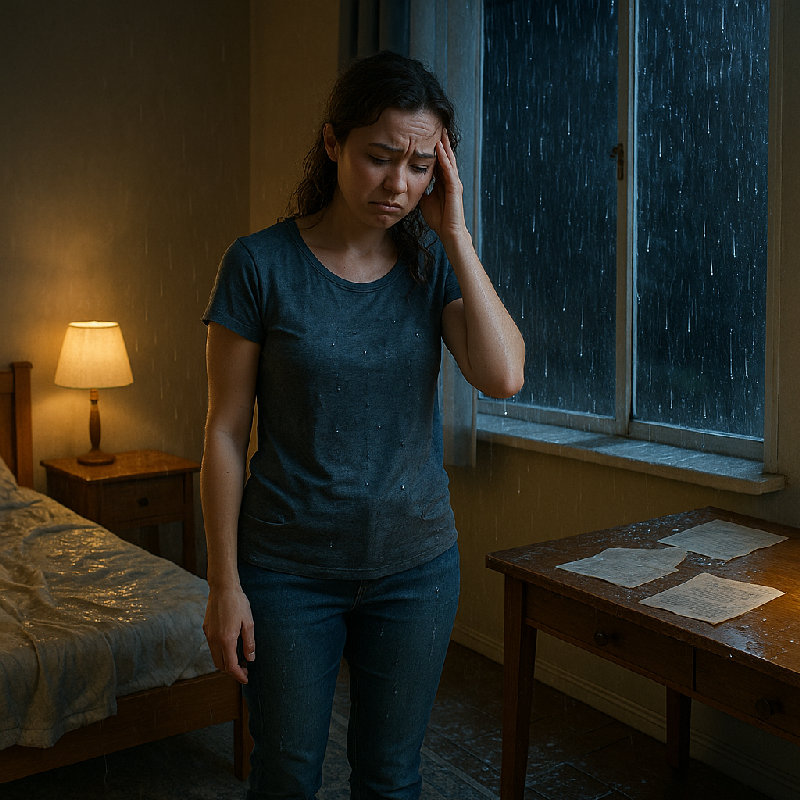 她忘了关窗户，结果房间被雨淋湿了。