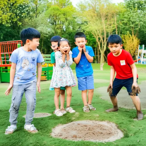 孩子们在公园里不小心踩到了黏糊糊的泥浆。