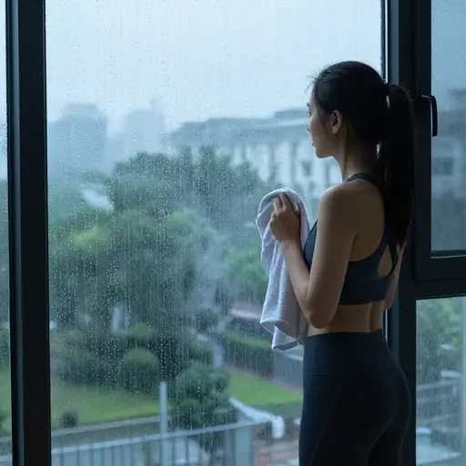 由于天气不好，她决定不晨跑了。