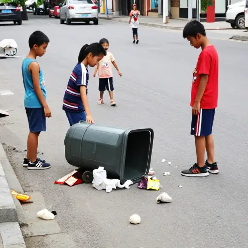 孩子们在街上玩耍时弄翻了垃圾桶。