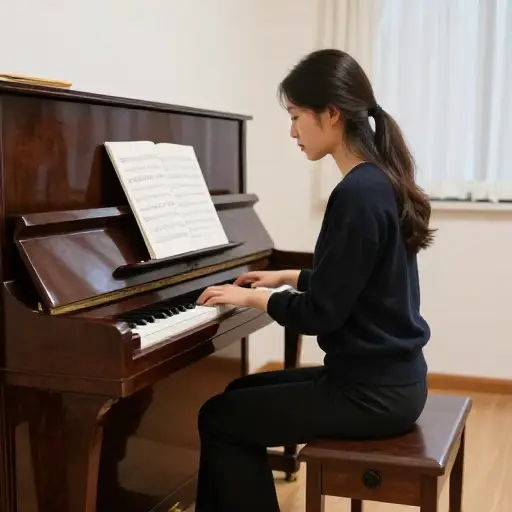 我的音乐老师总是坐在钢琴旁边的一张小木凳上。