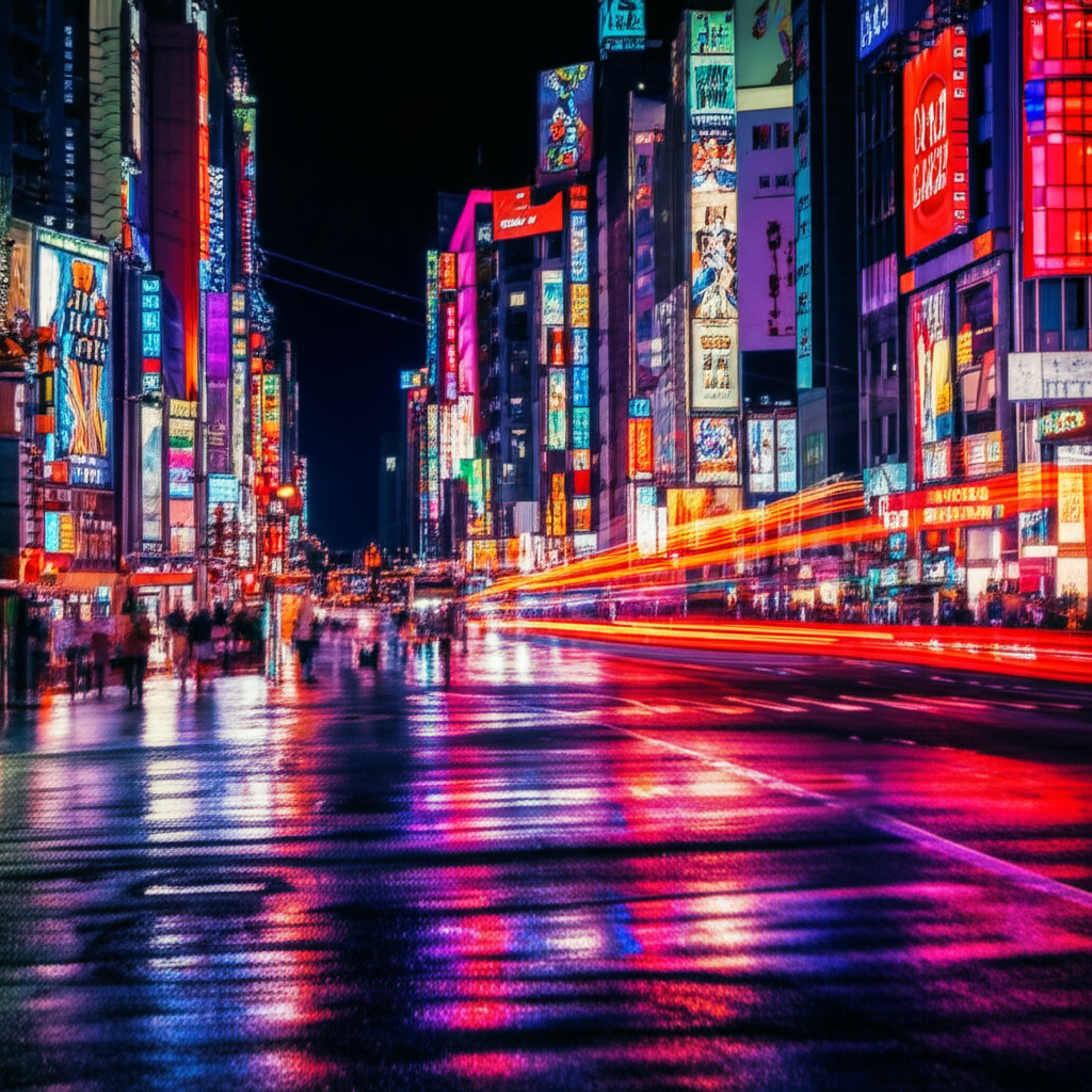 夜晚的街道上霓虹灯闪烁，五彩缤纷。