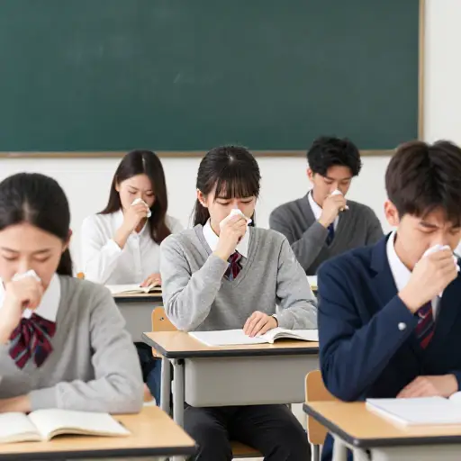 班上有一半的人因为流感在咳嗽和打喷嚏。