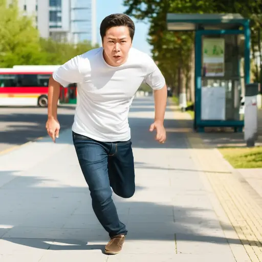 看到公交车来了，他快速跑向车站。