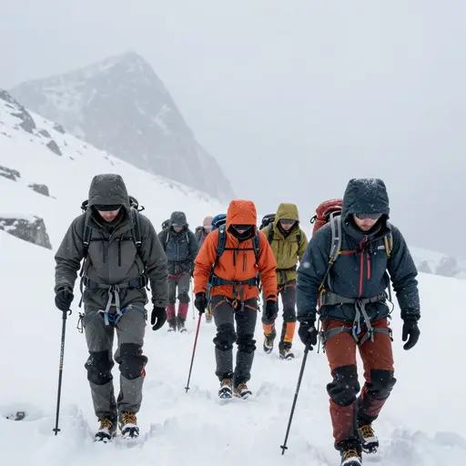 登山者不得不与恶劣的天气条件抗争。