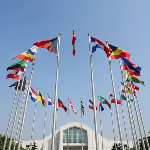 所有二十七国的国旗都在大楼外飘扬。