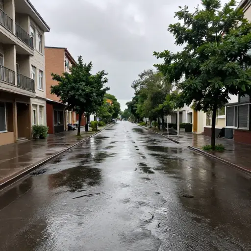 大雨过后，街道上水流成河。