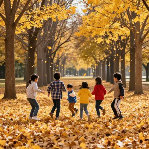 孩子们在一堆秋叶中玩耍。