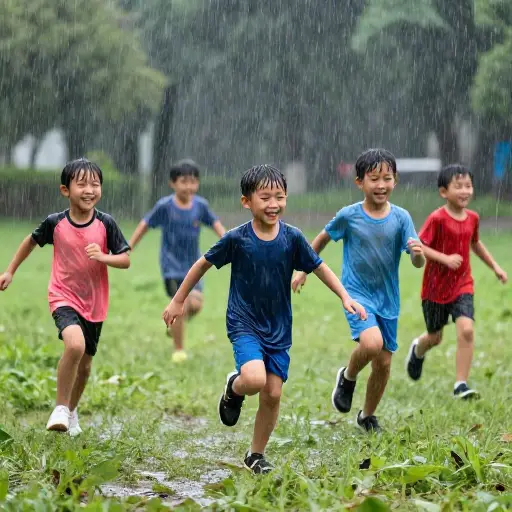 孩子们身上全湿了，因为在外面的雨里玩。