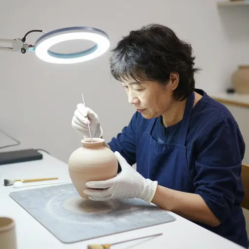 文物修复师用放大灯仔细检查陶工工具留下的精细纹路。
