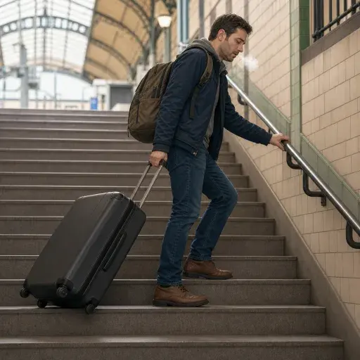 疲惫的旅行者拖着沉重的行李箱上楼时不停地叹气。