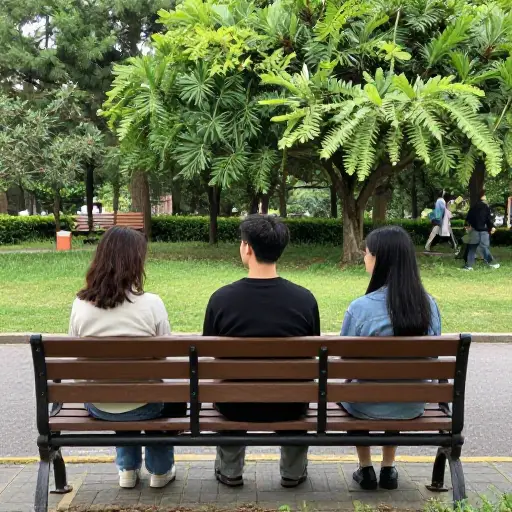 在公园长椅上，朋友们坐在我两边。