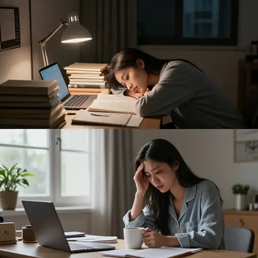 她学了一整夜，所以早上看起来非常疲惫。