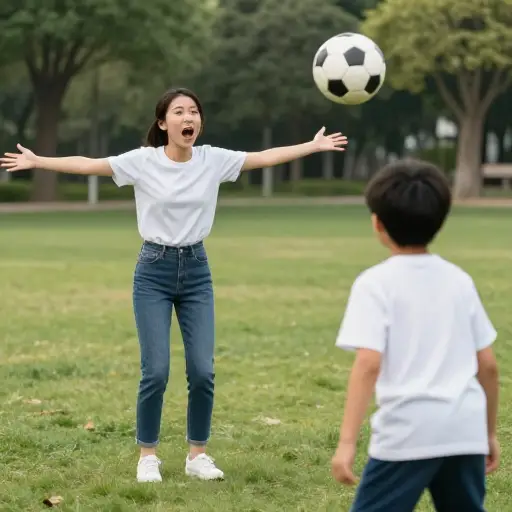 “当心！”看到球飞向孩子，她大喊。