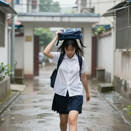 她到家的时候正在下雨。