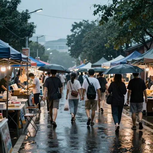 户外市场短暂聚集的人潮在雨一开始下时就四散离开了。