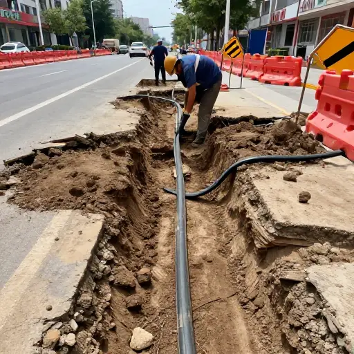 道路被挖开以便铺设电缆。