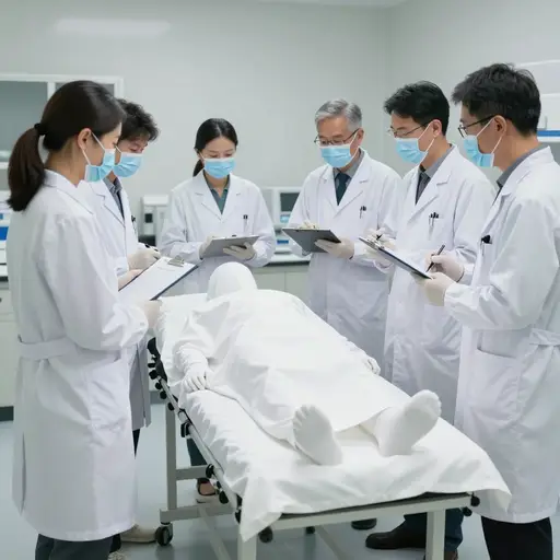 法医团队检查尸体以寻找线索。